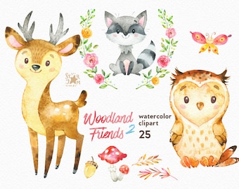 Woodland Friends 2. Watercolor animals clipart, forest, deer, raccoon, owl, greeting, invite, kids, flowers, floral, wreath, diy, shower