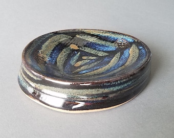 Concave Oval Textured Soap Dish in Gloss Black Blue Tan Handmade Pottery
