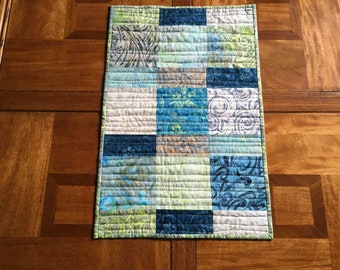 Small Batik Table Runner, Blue and Green Quilted Table Runner, Modern Table Topper, Quiltsy Handmade