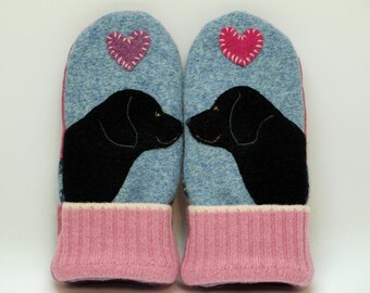 Labrador Wool Sweater Mittens Felt Mittens Winter Gloves Blue Pink and Black Fleece Lining Leather Palm Eco Friendly Size S/M