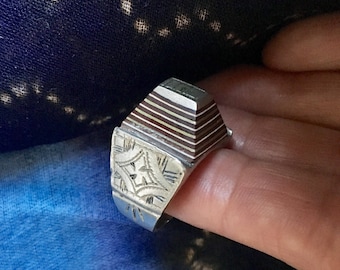 Tuareg Tribal Silver Large Ring with Ebony Inlay, US Size 10 1/2
