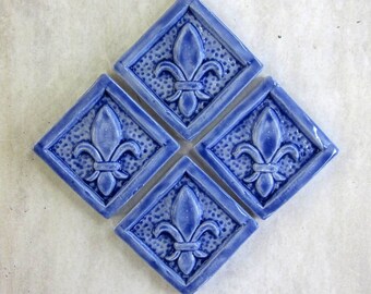 Fleur de Lis Accent tile -- 2x2 Handmade tile in French Blue, Set of 4 IN STOCK