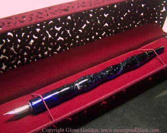 Blue nebula with opals handformed luxury glass calligraphy & drawing dip pen for changeable nibs