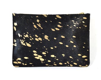 Coralie - Handmade Black Acid Washed Leather Clutch Bag Zip Pouch Purse