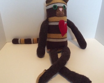 Brown and yellow striped repurposed sweater stuffed cat
