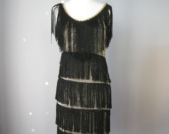Flapper Dress / Vtg 70s 80s / Black and Gold Fringed Fapper style dress