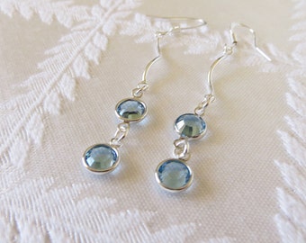 Silver Wavy Line & Aqua Drop Earrings, SE-146