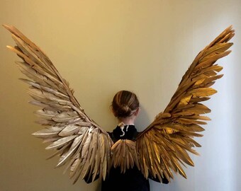 Gold Maleficent Angel costume Cosplay Fairy bird Wings