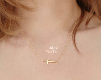 Minimal Sideways Gold Dainty Cross Necklace
