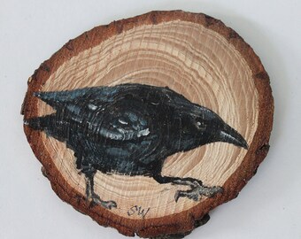 Raven No. 6 - Original Acrylic Art, Painted on Wood Slice