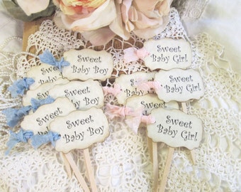 Baby Shower Cupcake Toppers w/ribbons - Sweet Baby Girl or Sweet Baby Boy Party Picks - Set of 18 - gender reveal - its a girl boy rustic