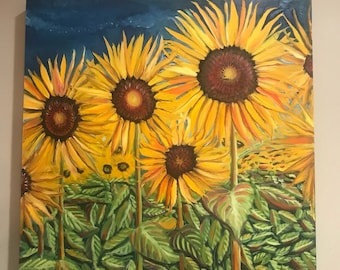 SUNFLOWER PAINTING LARGE, farmhouse decor, sunflower painting, sunflower field, sunflower decor, rustic painting, flowers