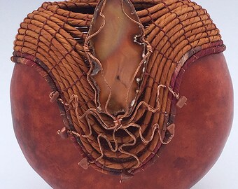 Gourd Art Rust with Copper, Agate and Ribbon - Item 830 by Susan Ashley