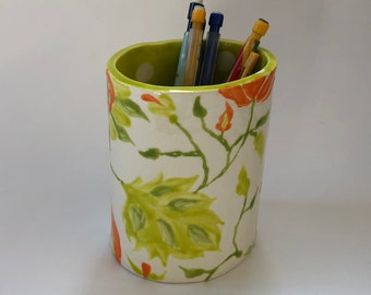 Whimsical pottery Utensil Holder - Vase home decor, kiwi lime green ceramic & sunny yellow orange hand-painted colorful floral