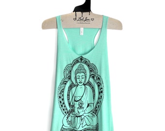 M,L -Tri-Blend Mint Racerback Tank with Buddha Screen Print