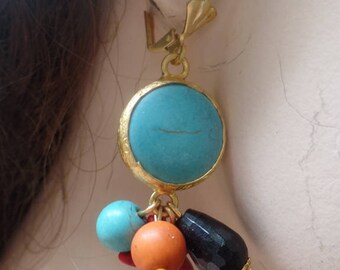 Turquoise dangle drop earrings with colorful beads
