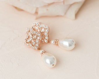 Pearl Bridal Earrings Rose Gold, Wedding Earrings Rose Gold, Pearl Rose Gold Drop Earrings