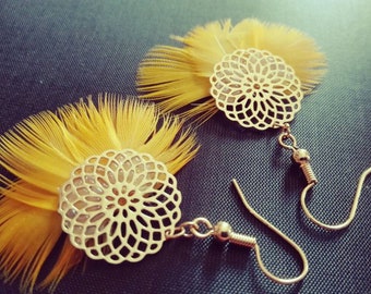 Parrot feather earrings.