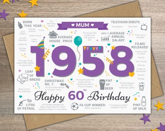 Happy 60th Birthday MUM Greetings Card - Born In 1958 British Facts Year of Birth / Memories Purple