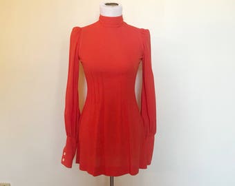 Vintage 60s Orange Puff Shoulder Long Sleeve Mod Mini Dress S