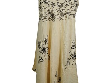 Gypsy Hippie Chic Summer Rayon Stylish Dress Floral Embroidered Beige Flared Boho Chic Sundress