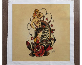 PIn up Girl Sailor Ship Rose Sailor Jerry Tattoo - Sewing, Cushion, Upholstery, Craft, Patchwork and Quilting Fabric Panel 100% cotton