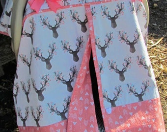 Buck Deer on White and Salmon Arrow Print Car Seat Canopy/Baby Carseat Cover/ Infant Carseat Canopy Cover