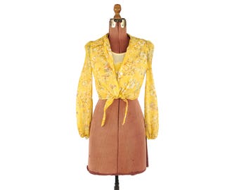 Vintage 1970's Bright Yellow Sheer Nylon Floral + Bird Novelty Print Crop Top Tie Blouse XS