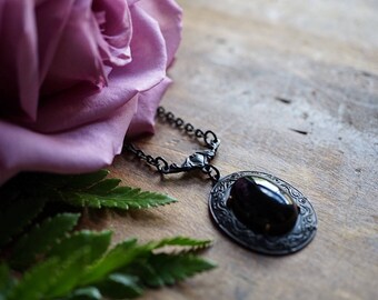 Black Onyx Ornate Brass Necklace - Victorian Necklace