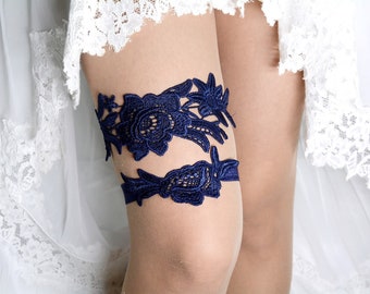 Dark Blue Lace Wedding Garter Set Something Blue, Lace Wedding Garter, Wedding Garter Set, Blue Gift Garter, Bridal Garter, Navy Blue Garter