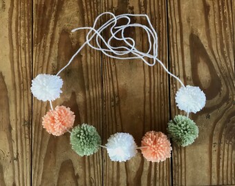 Sage Green and Pink Pom Pom Garland // white peach yarn pom poms nursery baby shower boho kids room decor