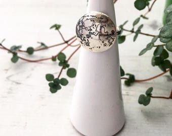 Etched full moon statement ring eco sterling silver