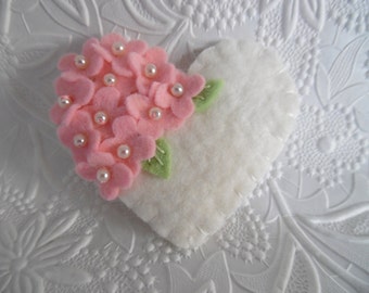 Pink Felt Flower Brooch Beaded Heart Wool Beaded Flowers