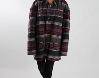 Vintage gray and red aztec coat / Navajo printed wool coat / South Western ladies coat / Vintage men printed coat / Blanket coat / Size XXL