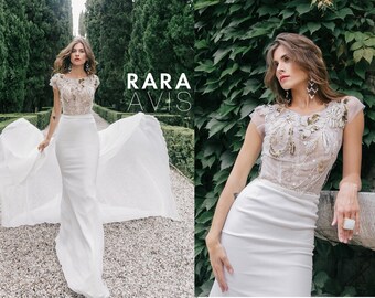 Luxury wedding dress NARIS with long train by RARA AVIS • Wedding dress with long train • Flying wedding dress