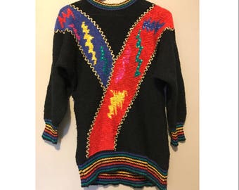 Vintage 80's Womens Sweater Multicolored MarieaKim Knit Colorful Sweater With Sequins SIZE M