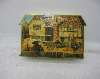 B. Shackman & Co Miniature Farm Set In Small Box Farmers Horses Pigs Cows Chickens Ducks Fence 1994