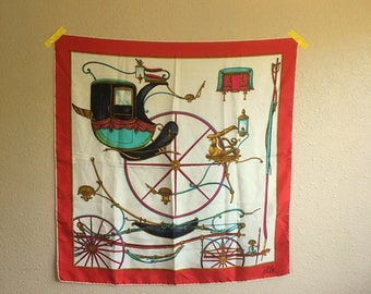 Vintage 70s CARRIAGE Print Silk Scarf By Elle / 29 x 31