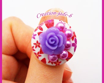 Wood with Rhinestone flower - adjustable button ring