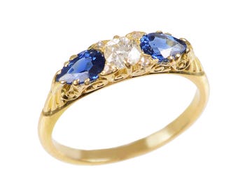 Vintage Pear Shaped Sapphire and Old Euro Cut Diamond Ring