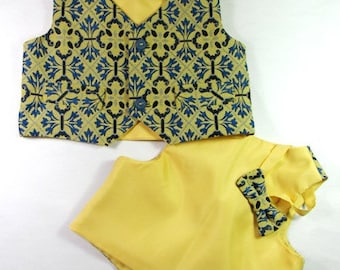 Baby boys yellow and blue waistcoat and bow tie, formal suit wear, for up to 2-3 years old.