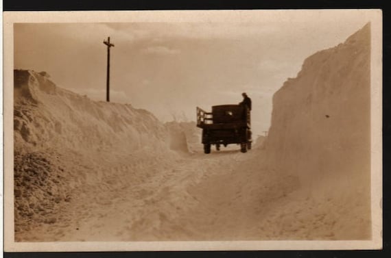 Winter Scene + Truck Driving Through Snow + Vintage Photo Postcard