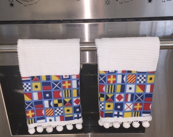 Nautical Sailing Flags Pompom Kitchen Towel Set Sailboat