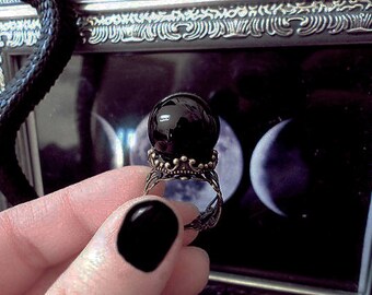Crystal Ball Ring, Black Onyx Crystal Ball, Occult Ring, Gothic Ring, Adjustable Ring