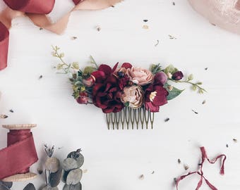 Burgundy flower Hair comb, Deep red Bridal hair comb, Wedding hair comb, Bridal flower headpiece, Wedding headpiece, Winter wedding