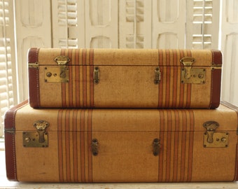 Antique Striped Suitcase Pair, Matching Vintage Luggage 1930's/1940's Stacking Set, Home Decor Storage, Hard-side Striped Tweed