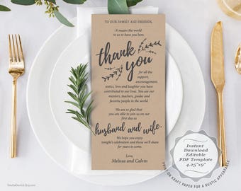 Wedding Place Setting Thank You Card, Instant Download Editable PDF Template, Kraft Wedding Thank you card in PDF template (TED408_2)