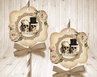 Skull Bride & Groom Straw Toppers - Gothic Wedding Decorations - Halloween Wedding - Wedding Drink Toppers - Skull Straw Toppers