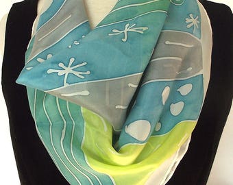 Hand Painted Silk Scarf - Modern Abstract Lime, Turquoise Grey and White - 24 x 24 inches