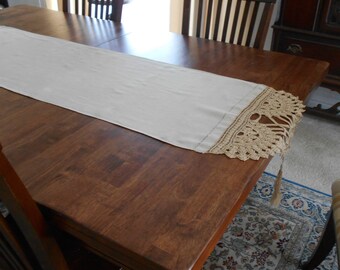 Linen and Hand Crocheted Dresser Scarf Table Runner